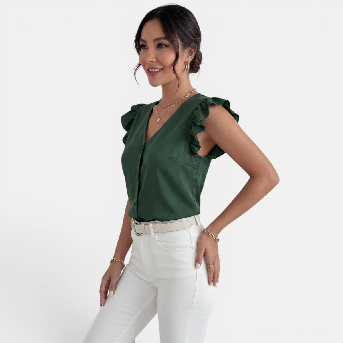 Camisa Mujer Volantes Botones Frontales