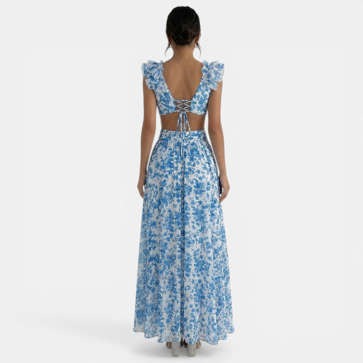Vestido Floral Maxi Escote V Volantes