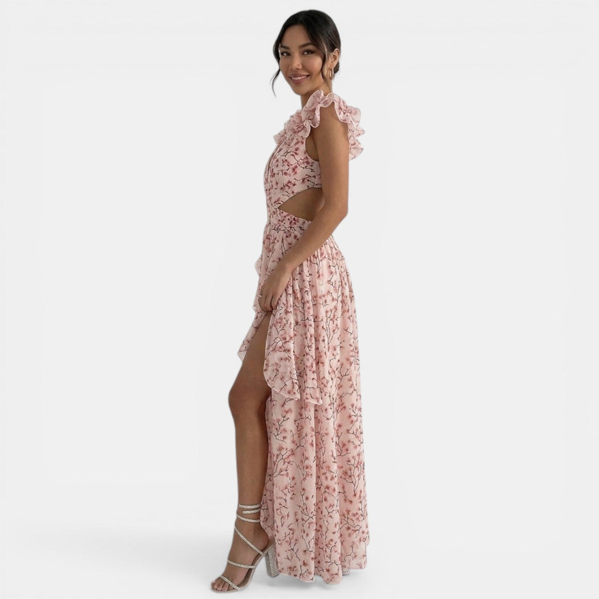 Vestido Floral Maxi Escote V Volantes