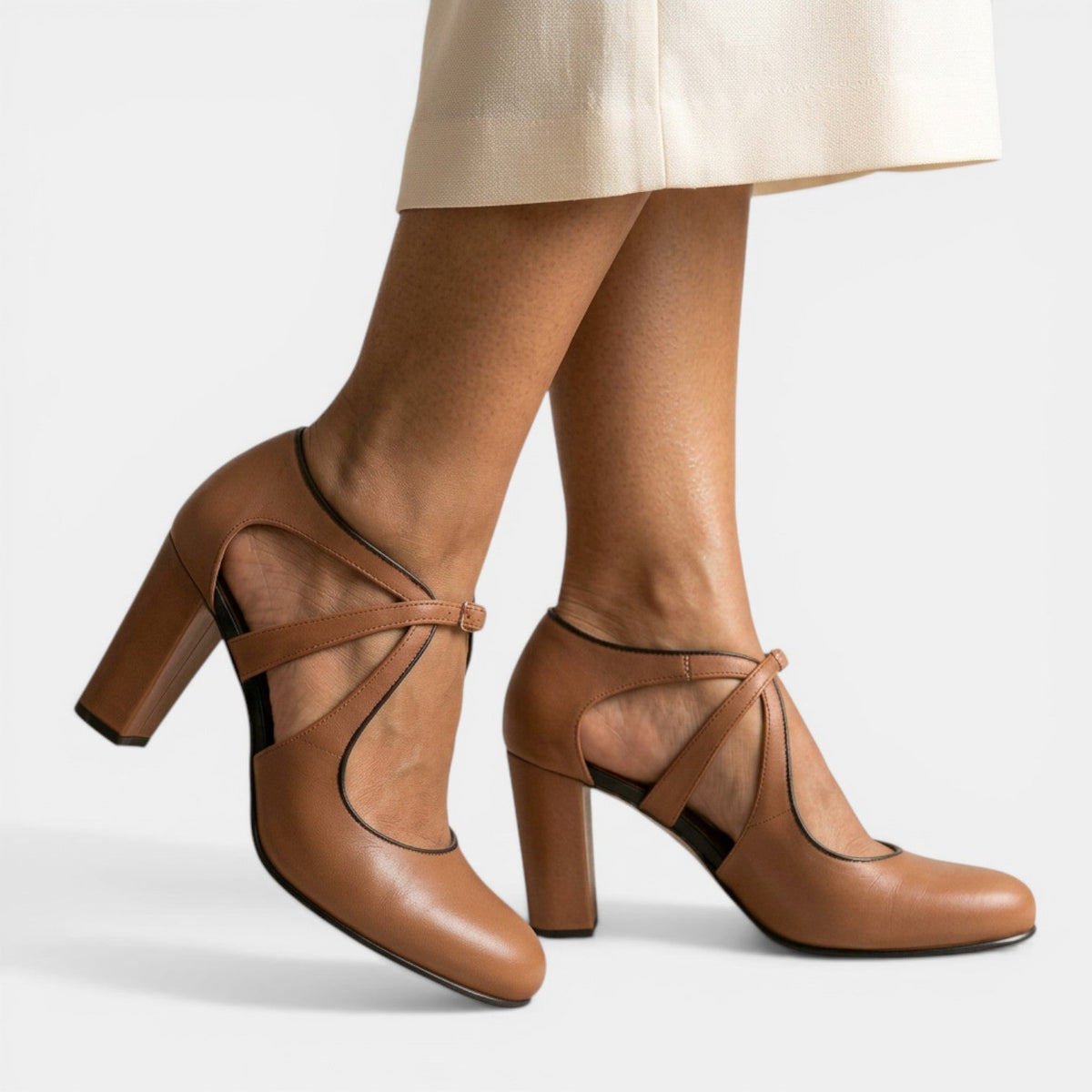 Sandalias T-strap Cuero Tacón Mujer