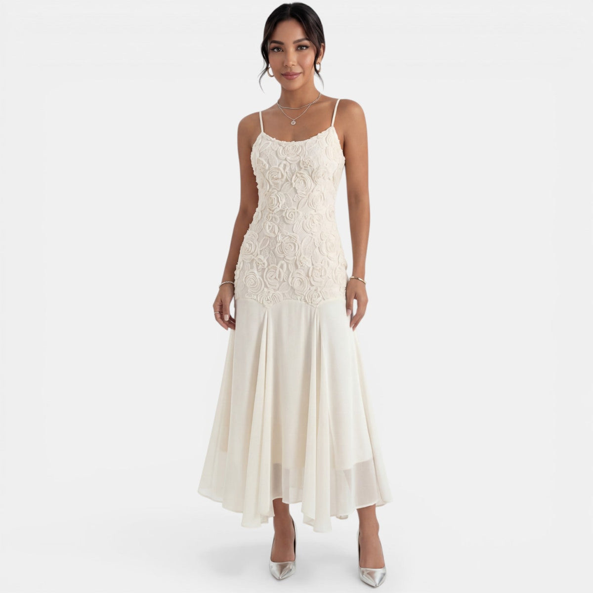 Vestido Midi Beige Bordado Mujer