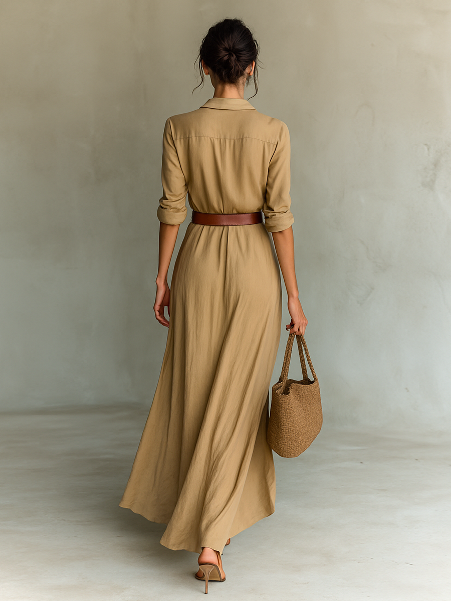 Federica | Vestido Largo con Cuello de Solapa, Manga Larga y Cinturón