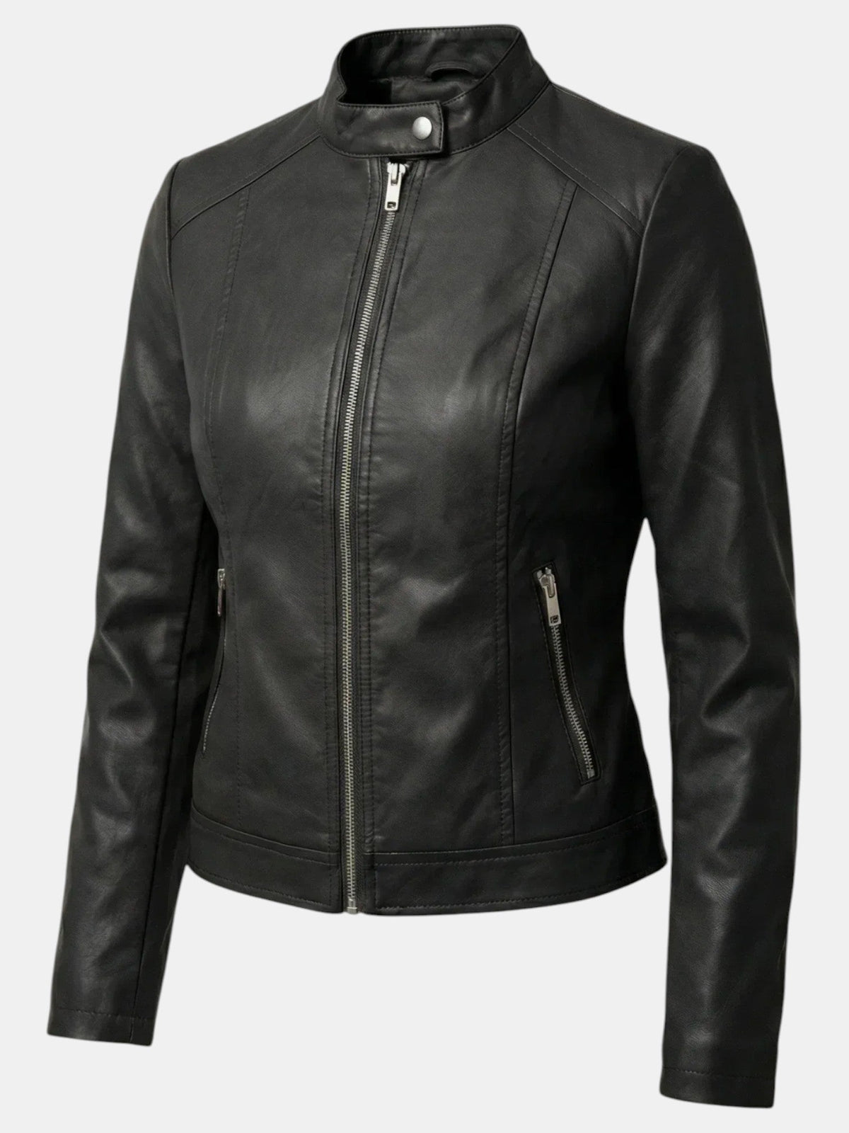 Chaqueta de Piel para Mujer con Cuello Mao y Cremallera