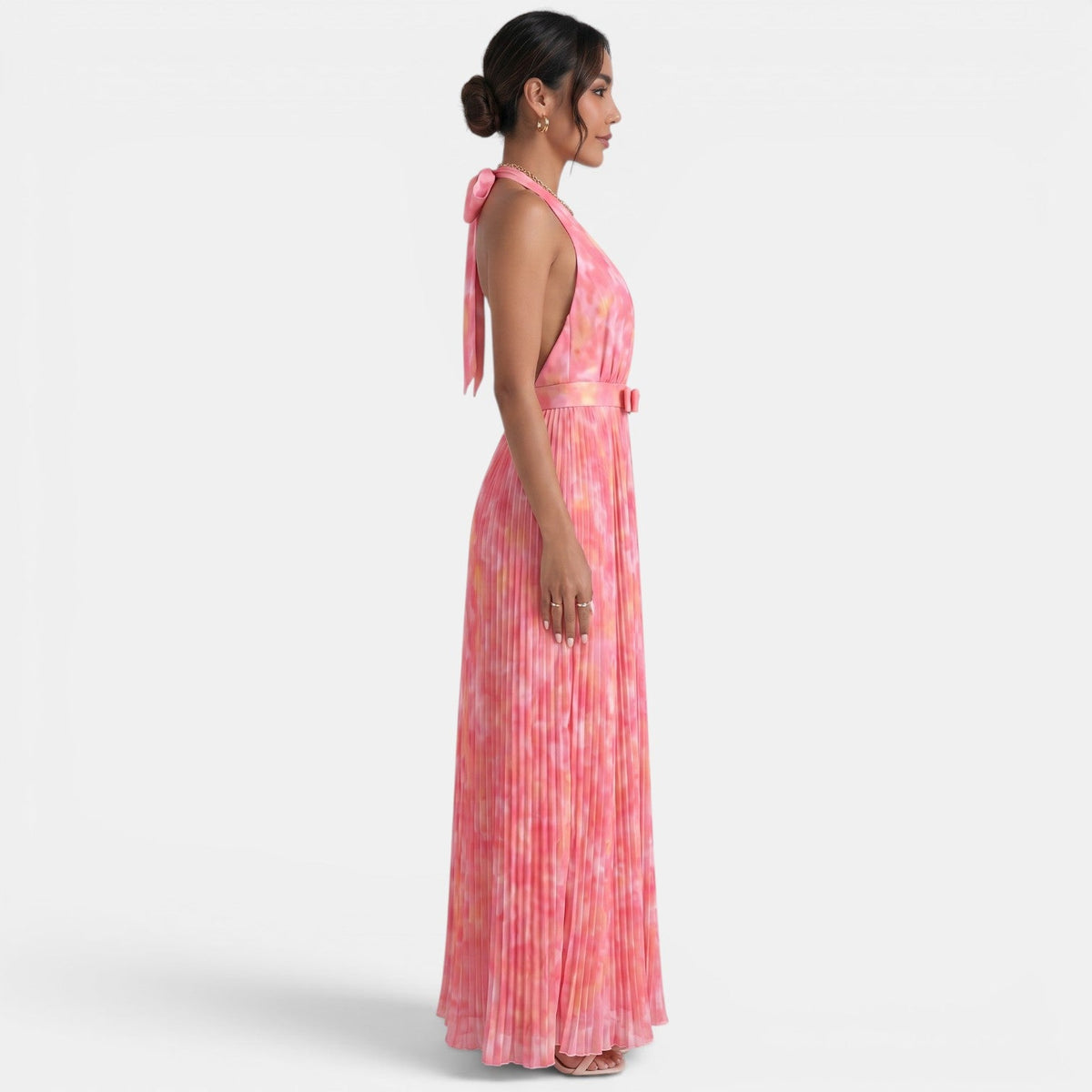 Vestido Largo Halter Rosa Plisado