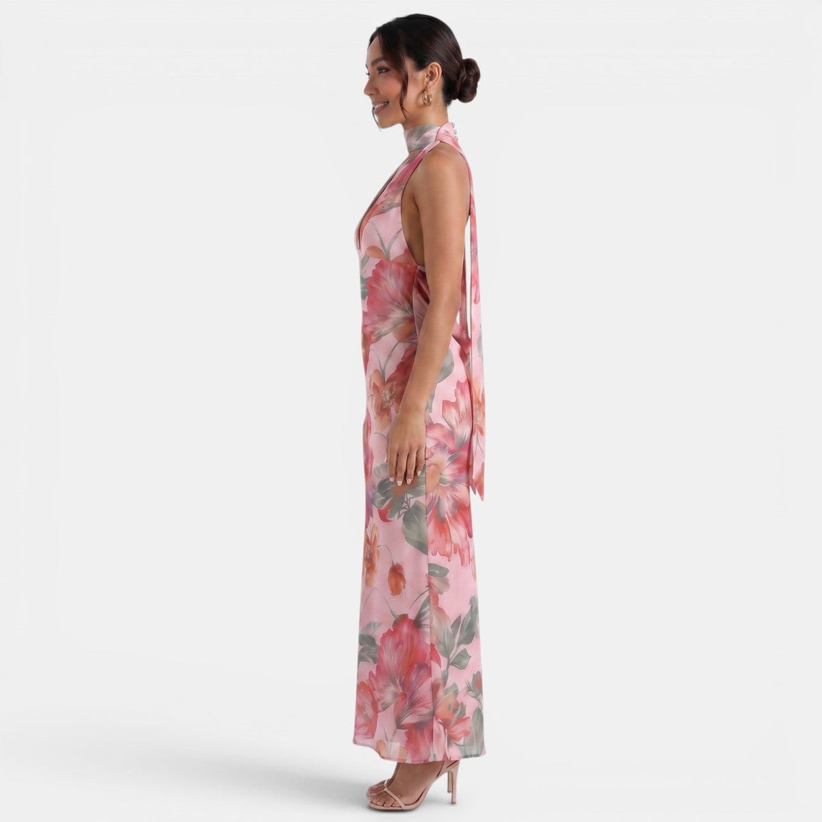 Vestido Halter Floral Espalda Descubierta