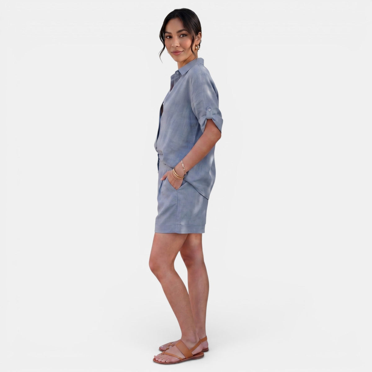 Conjunto Mujer Camisa Lino Algodón Manga Media