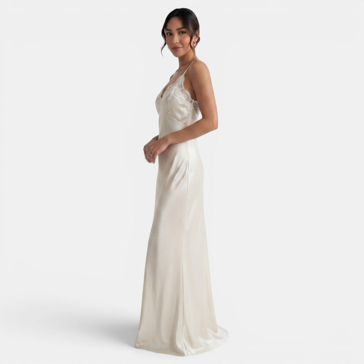 Vestido Satén Largo Encaje V