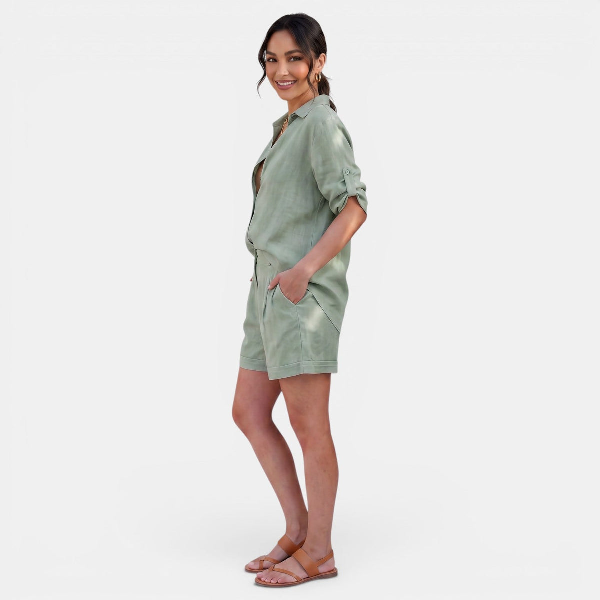 Conjunto Mujer Camisa Lino Algodón Manga Media
