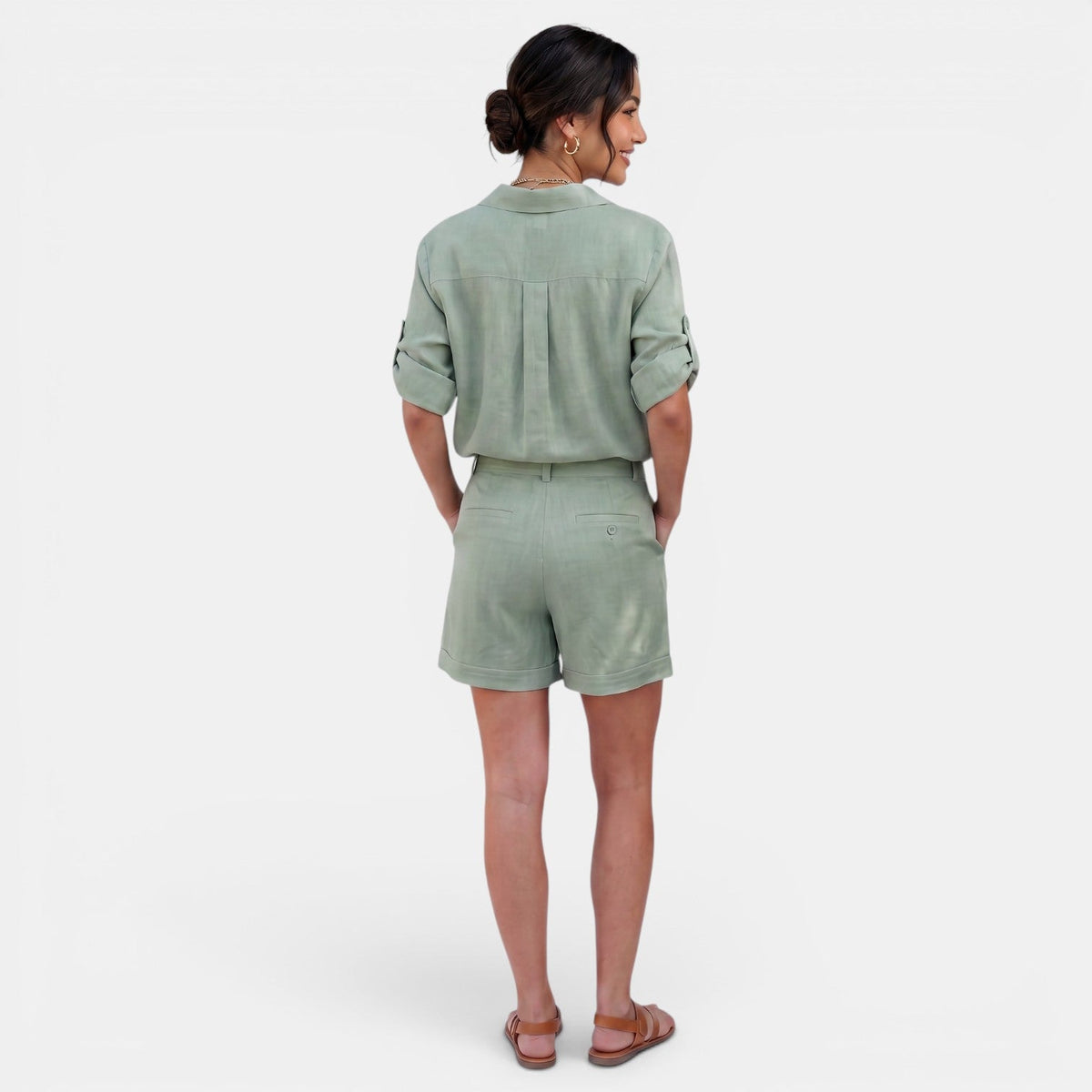 Conjunto Mujer Camisa Lino Algodón Manga Media