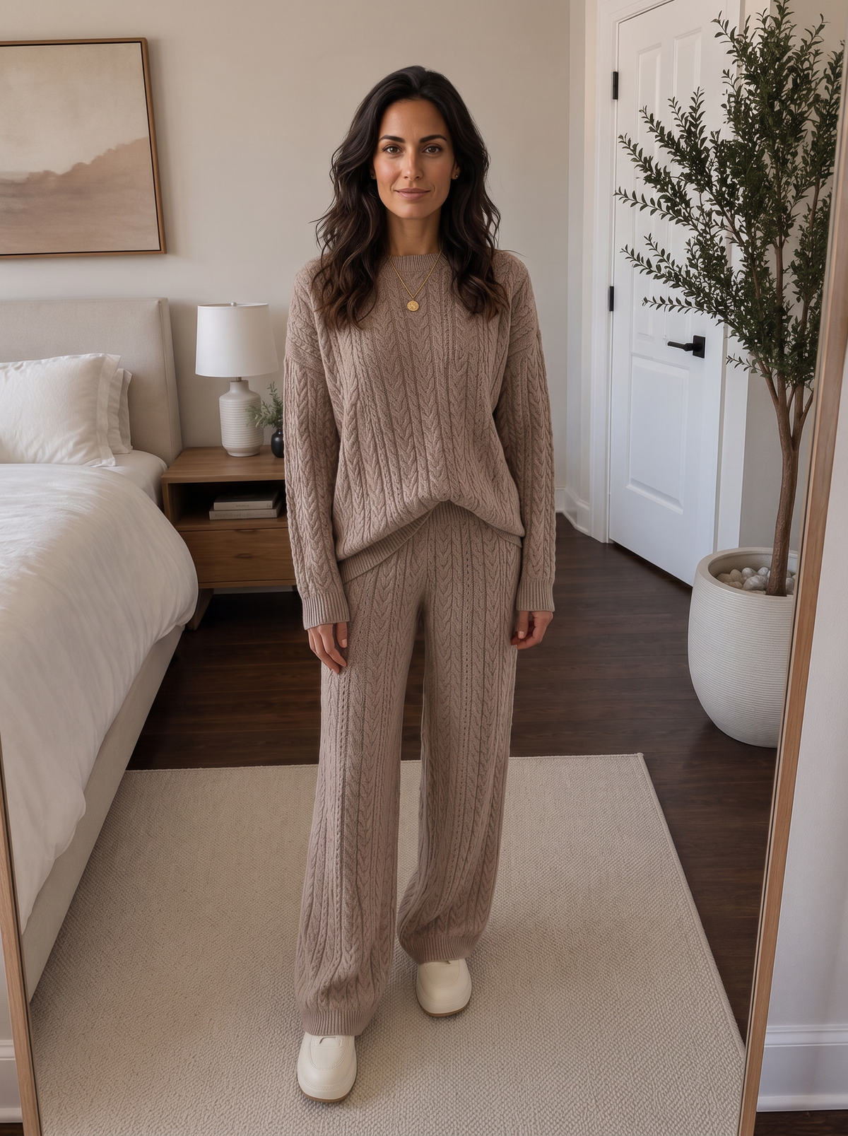 Conjunto Mujer de Punto 2 Piezas con Jersey Trenzado y Pantalón Ancho