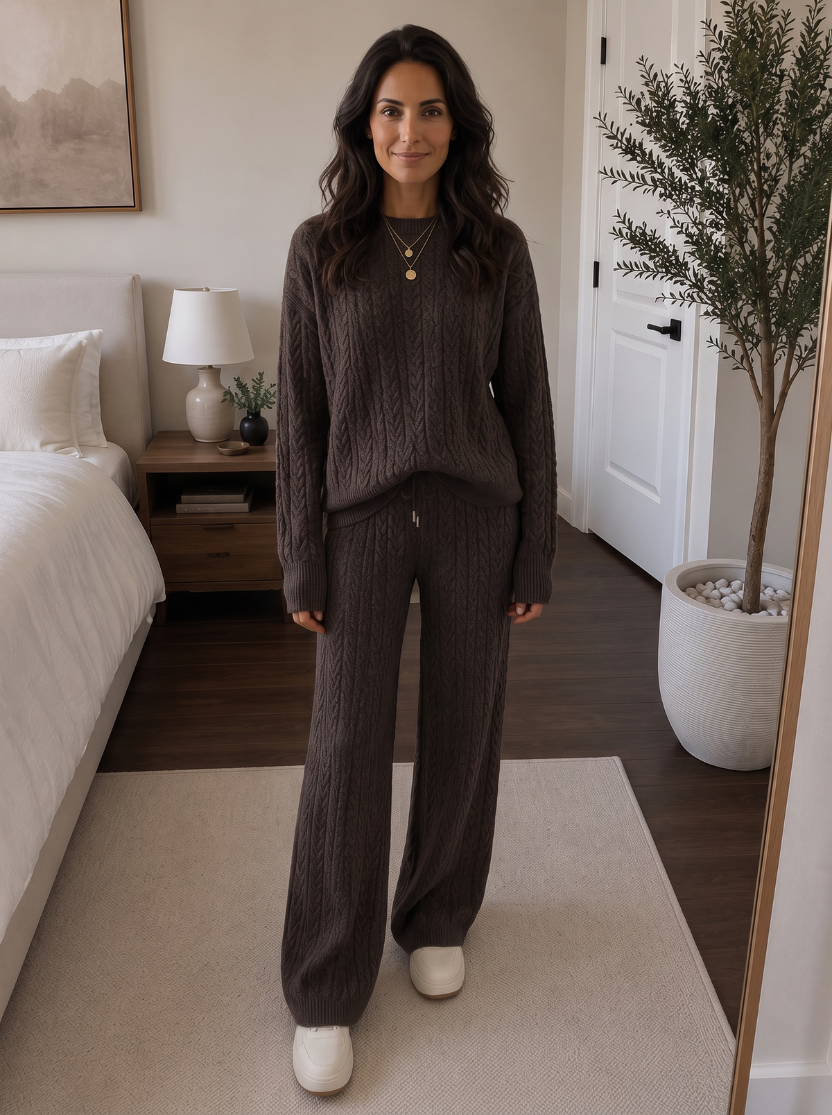 Conjunto Mujer de Punto 2 Piezas con Jersey Trenzado y Pantalón Ancho