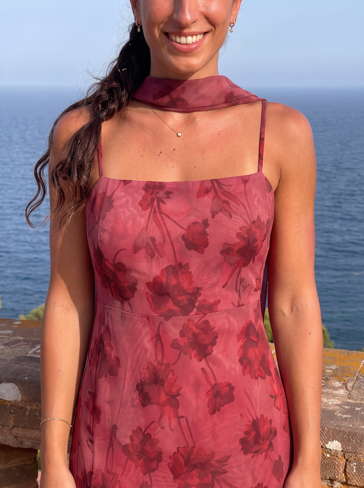 Vestido Largo Mujer Estampado Burdeos de Georgette