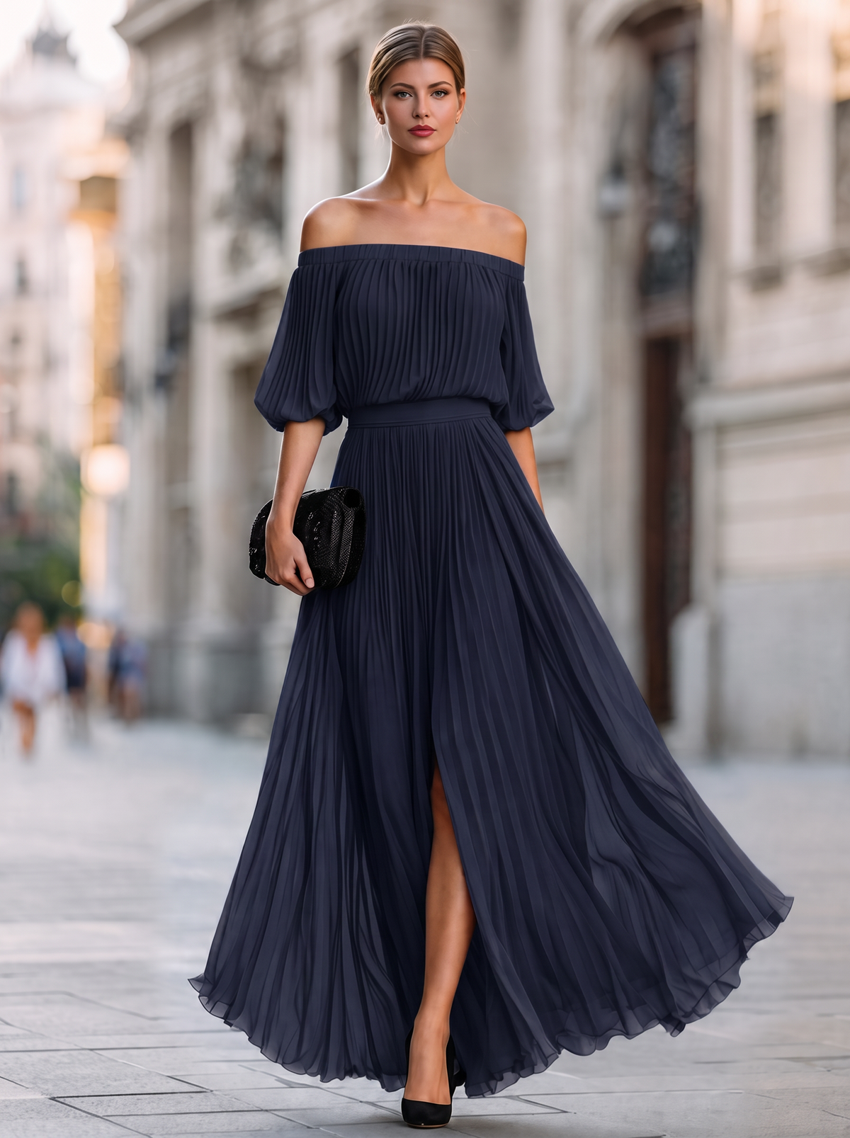 Vestido Invitada de Boda Hombro Largo Descubierto