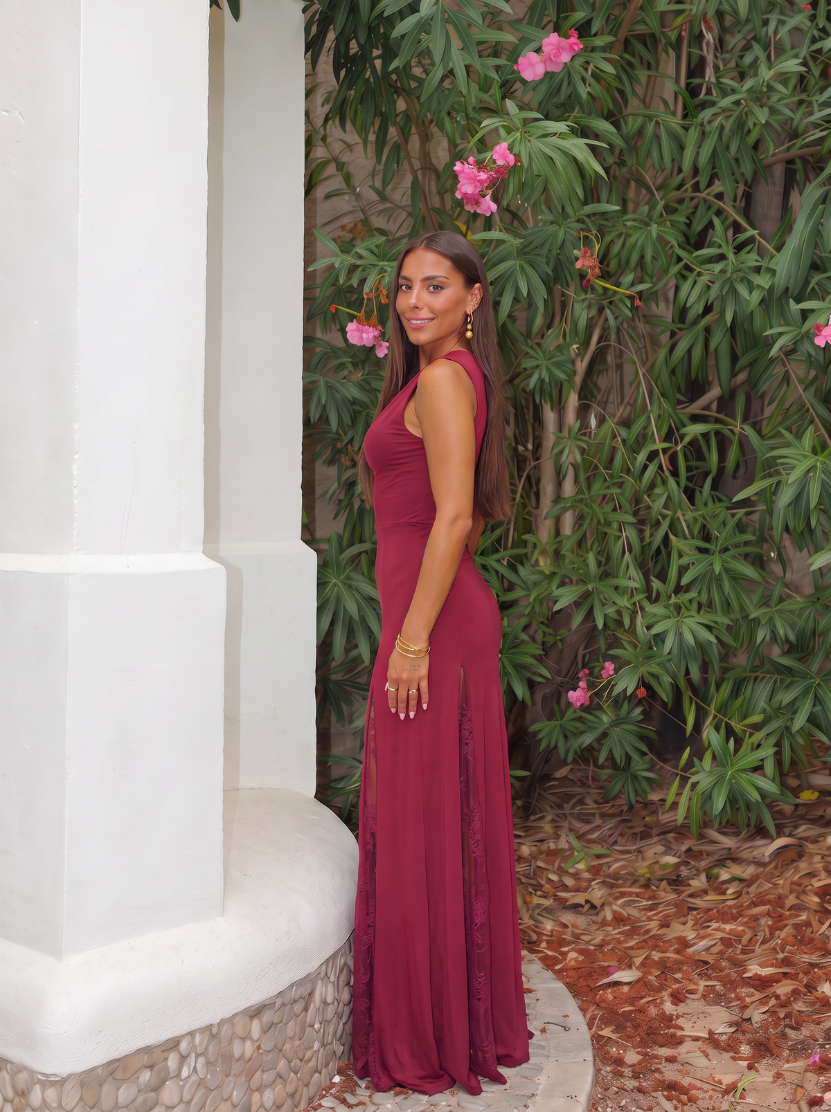 Vestido Largo Mujer de Encaje Burdeos para Boda