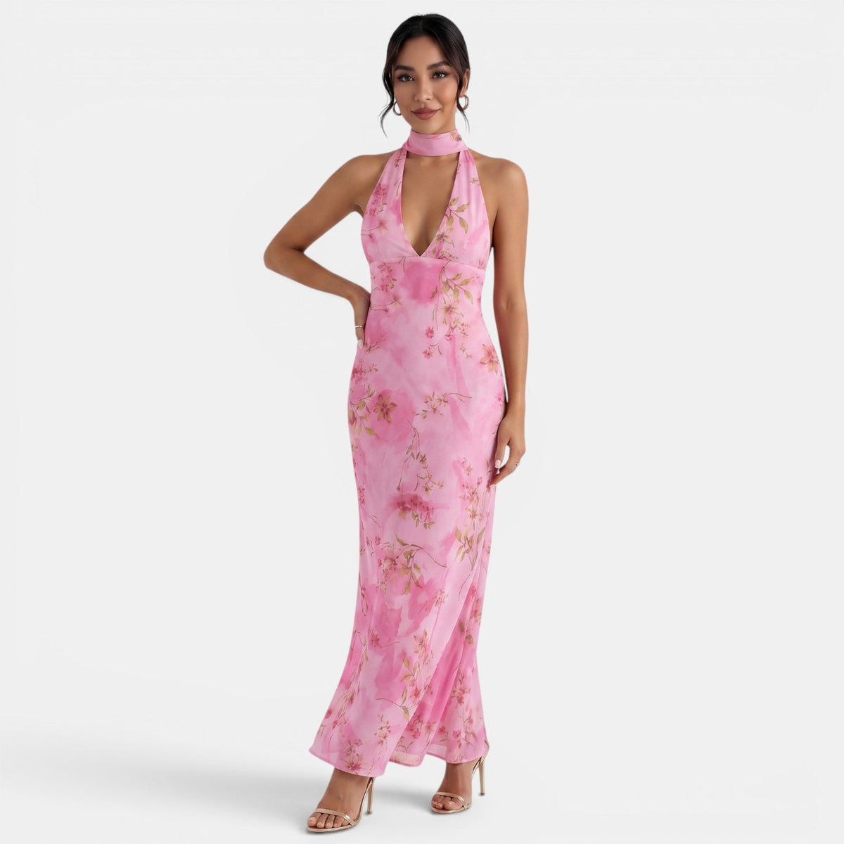 Vestido Halter Floral Espalda Descubierta