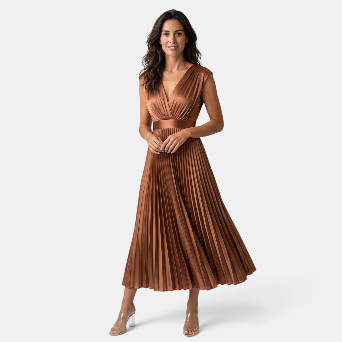 Vestido Satín Escote V Mujer Elegante