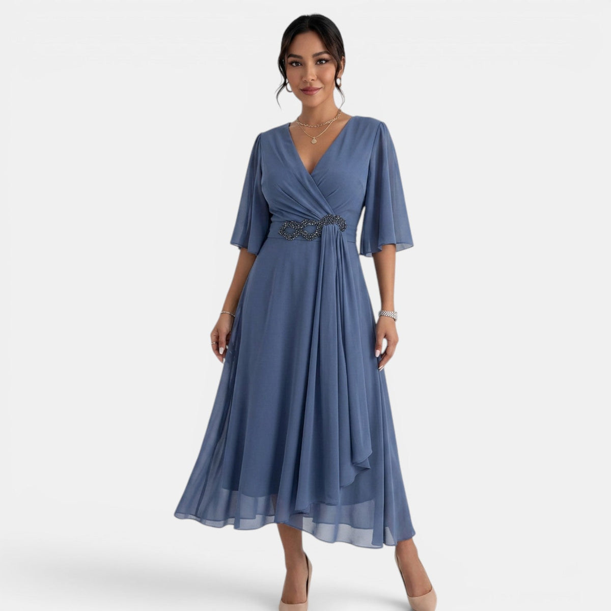 Vestido Midi Fluido Mujer Elegante