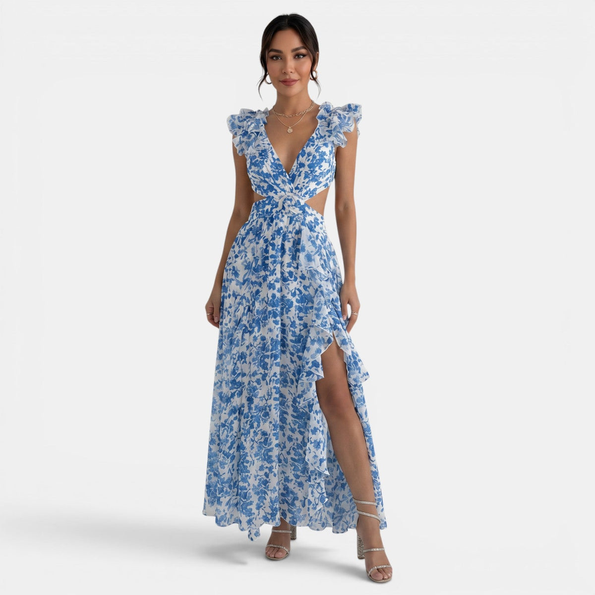 Vestido Floral Maxi Escote V Volantes