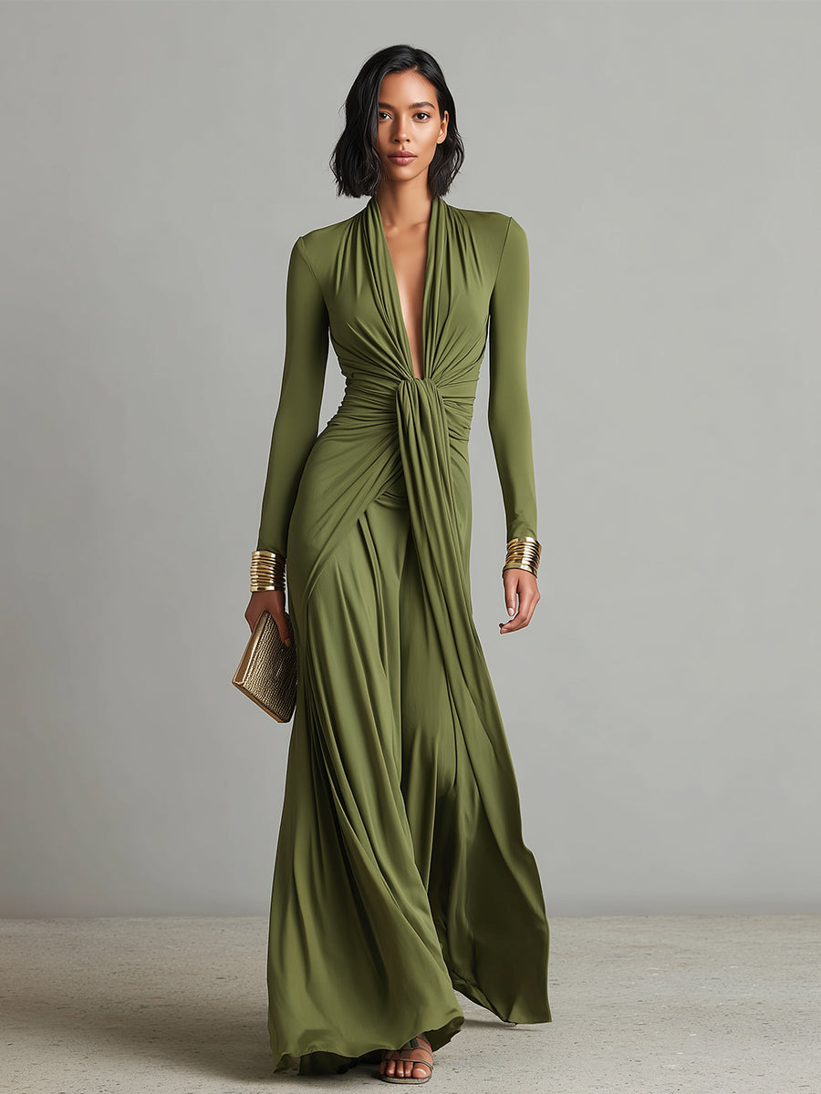 Vittoria | Vestido Largo de Seda Verde Oliva con Escote en V Profundo