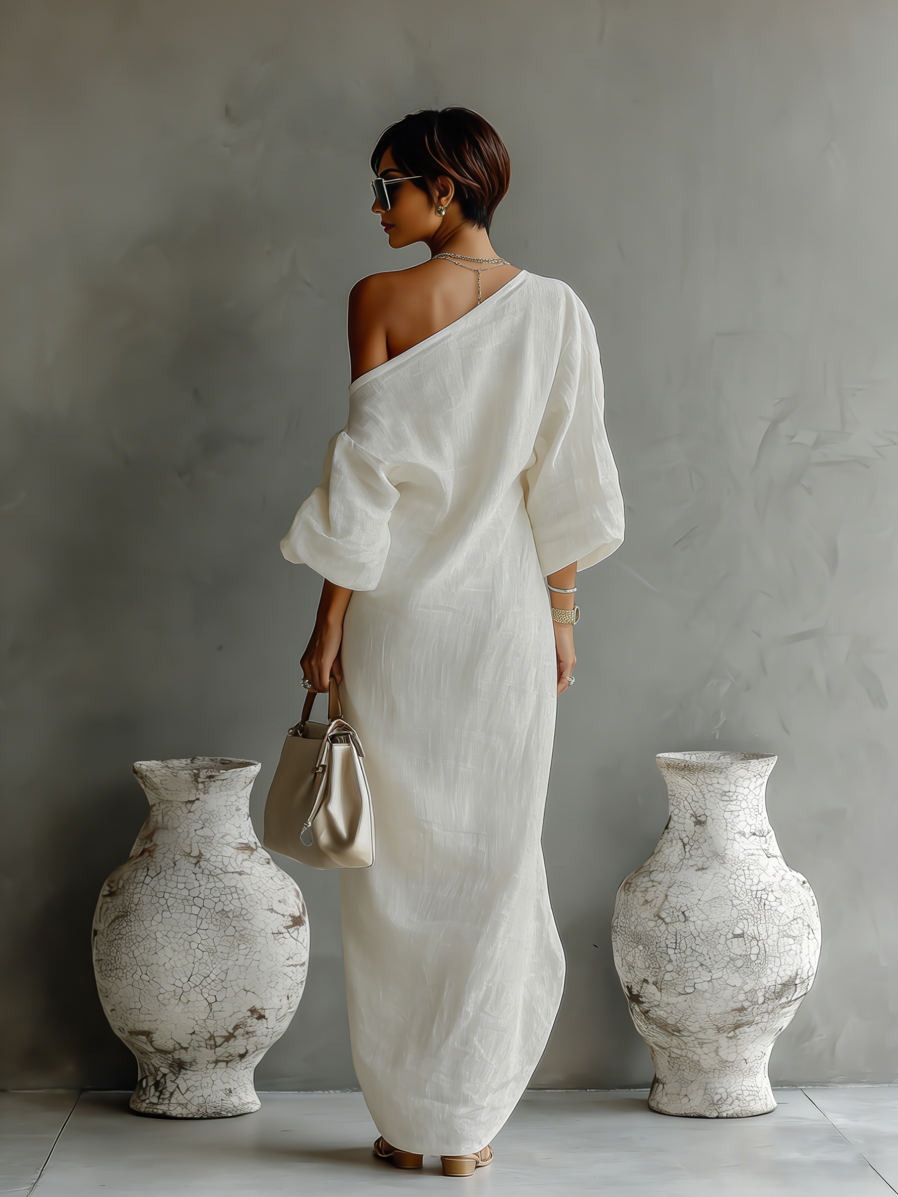 Rebecca | Vestido Fluido Color Marfil con Hombro Descubierto