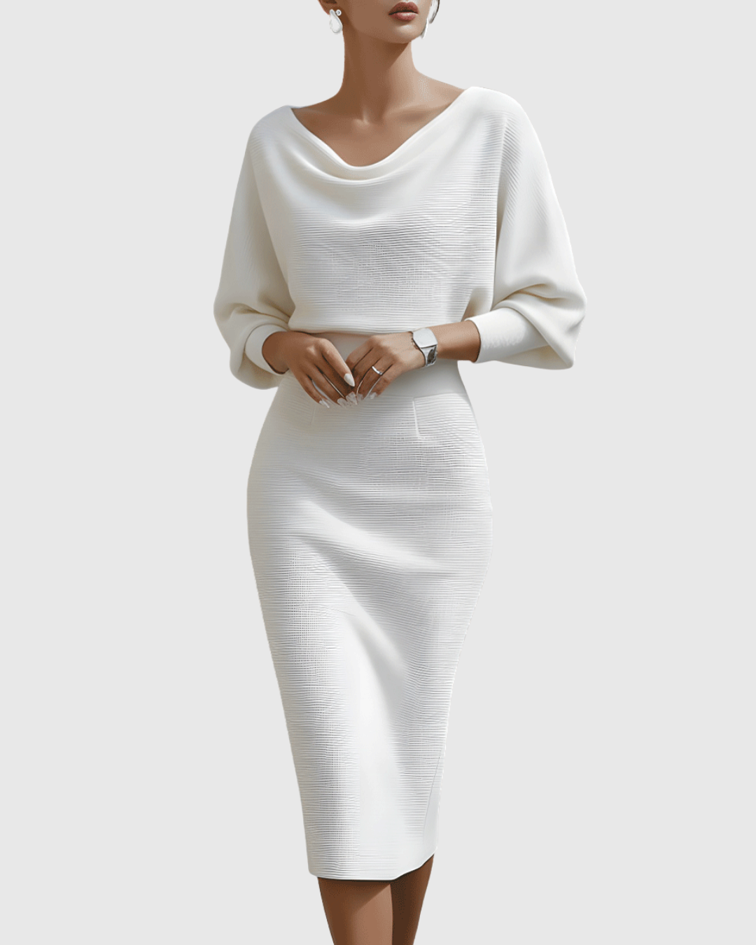 Matilde | Vestido Midi Drapeado con Mangas Murciélago