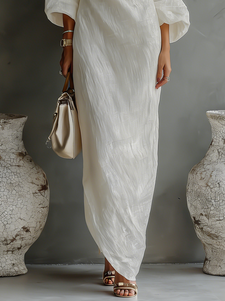 Rebecca | Vestido Fluido Color Marfil con Hombro Descubierto