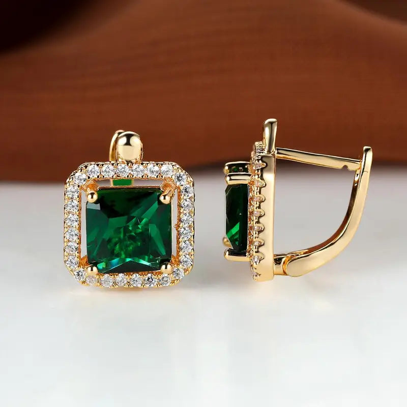 Pendientes Circonita Cuadrada Verde Oro