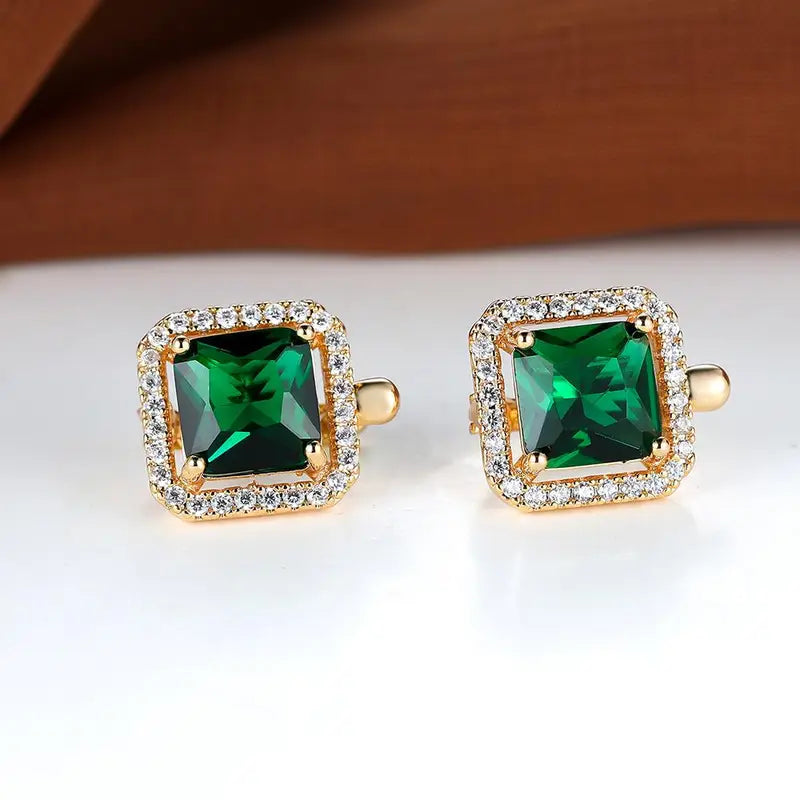 Pendientes Circonita Cuadrada Verde Oro