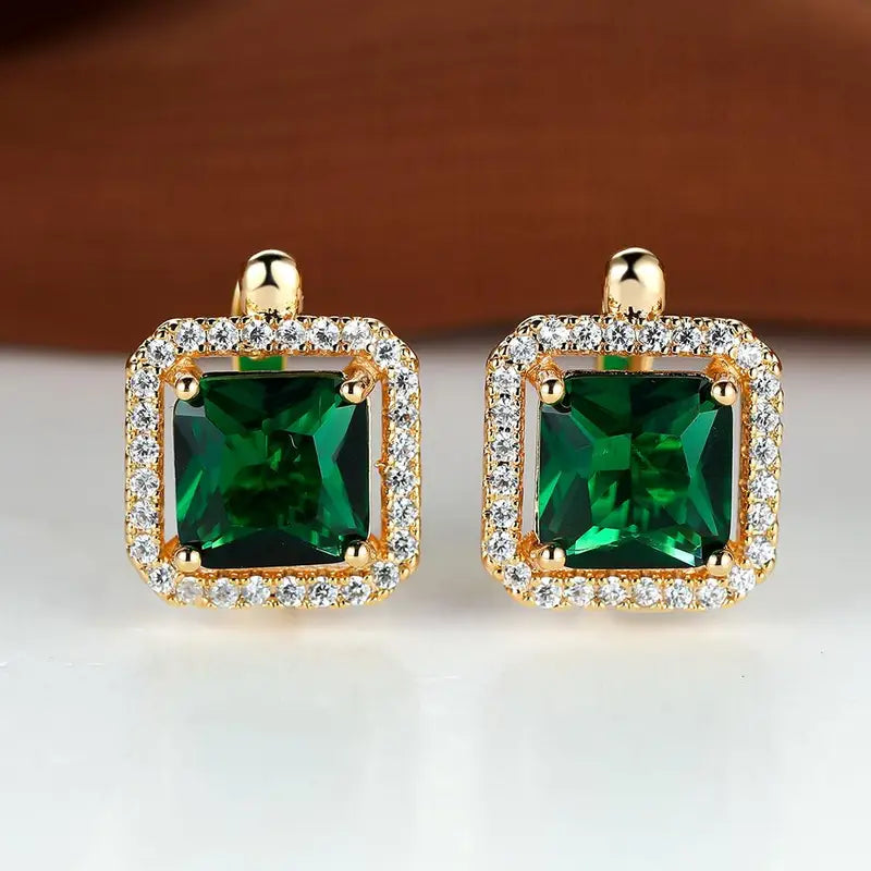 Pendientes Circonita Cuadrada Verde Oro