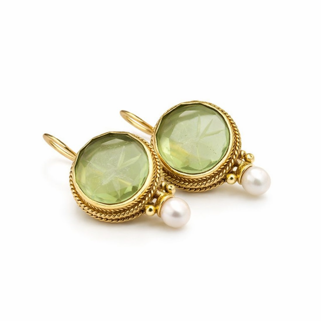 Pendientes Perla y Piedra Verde Redondeados Antiguos