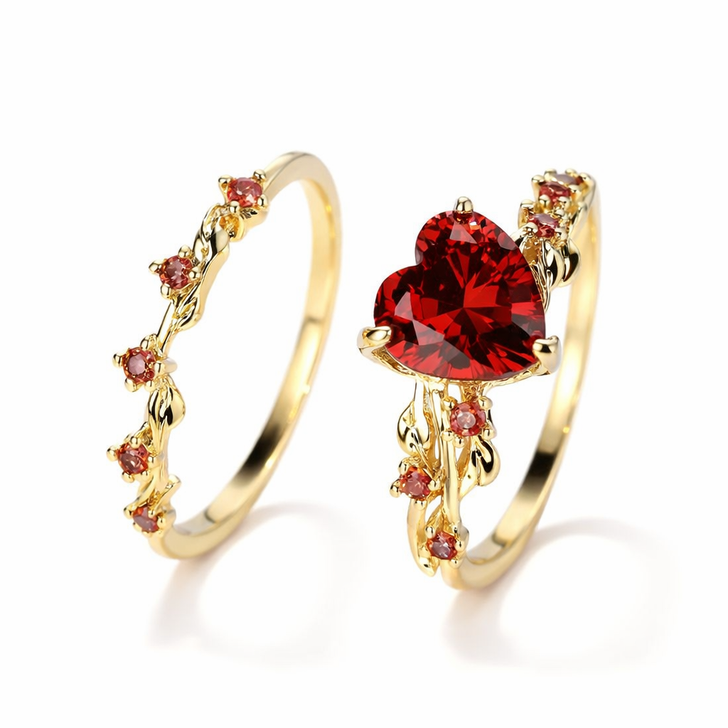 Set de Anillos Corazón Rubí Detalle Vid