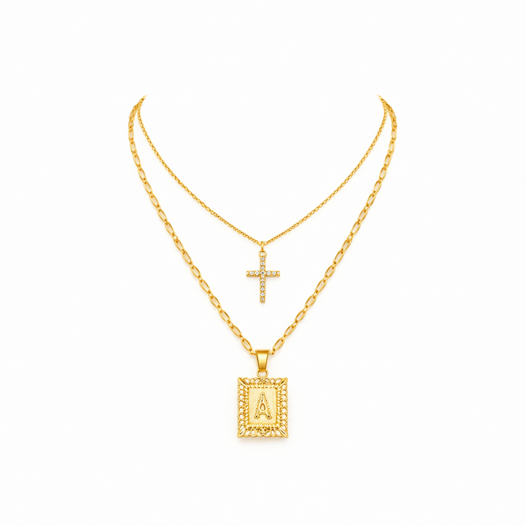 Set de Collares Inicial y Cruz Oro