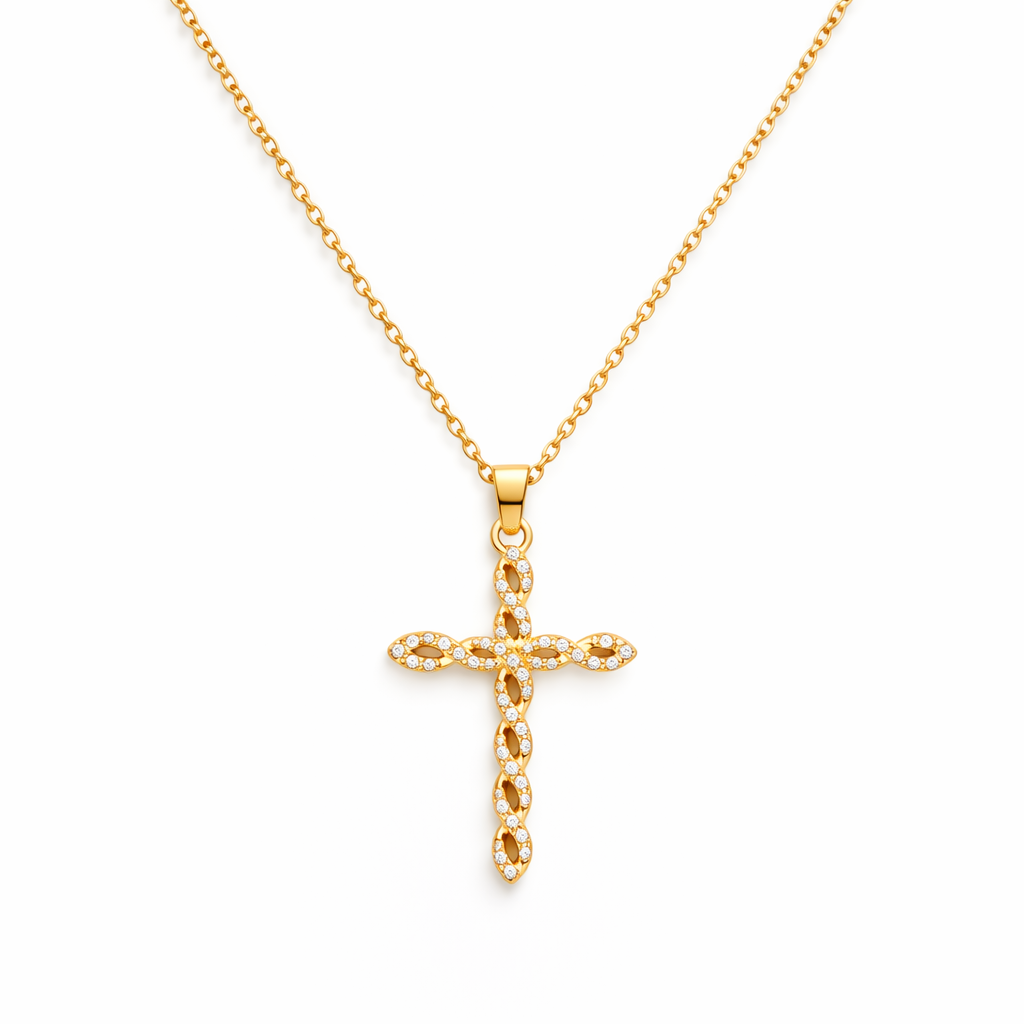 Collar Cruz con Cristal Trenzado Oro