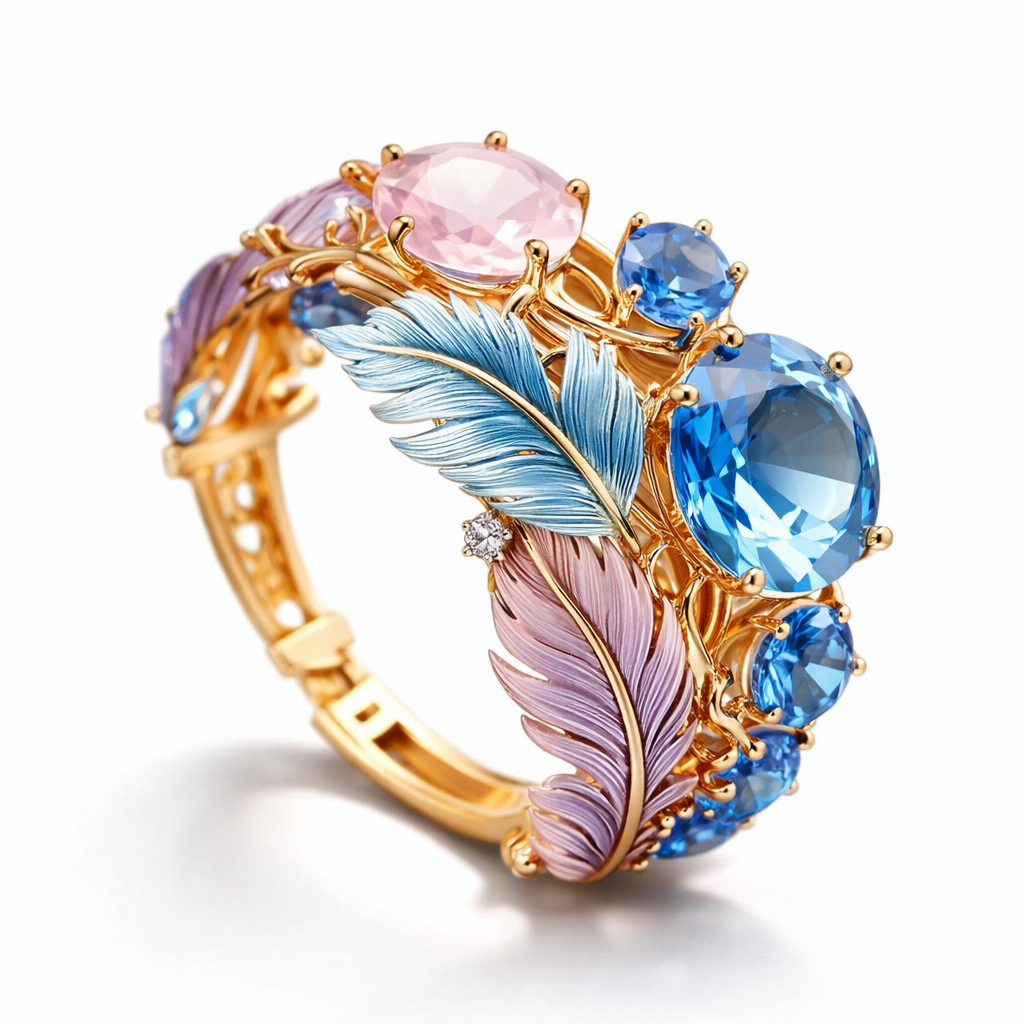 Anillo Cristal Pluma Exótico Antiguo