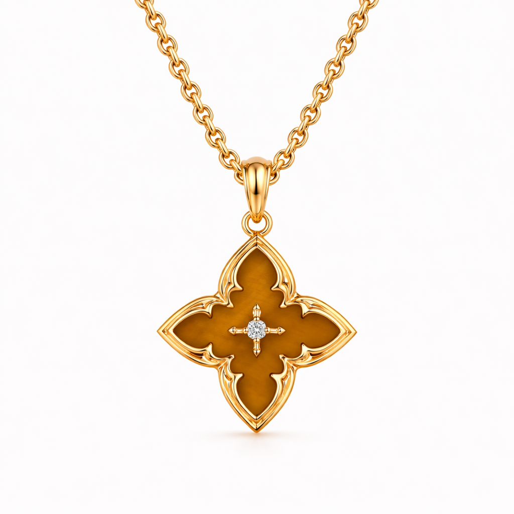 Collar Colgante Trébol Marrón Oro