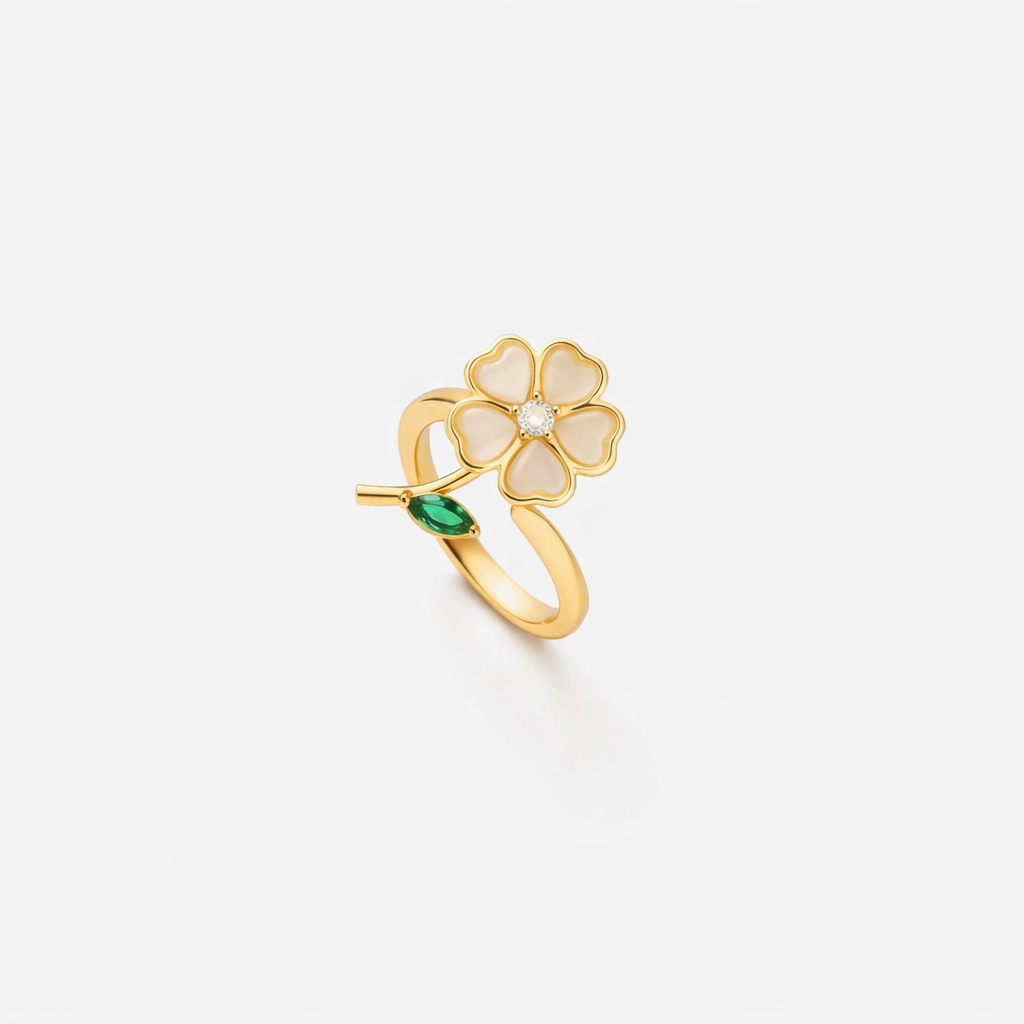 Anillo Giratorio Flor y Hoja Esmeralda