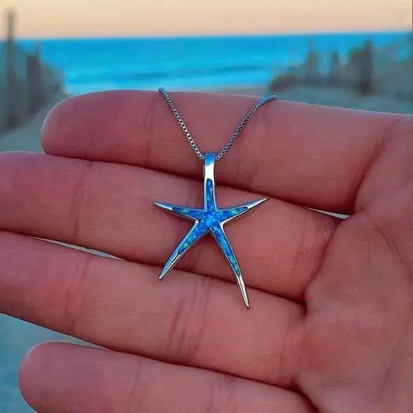 Collar Colgante Estrella de Mar Plata y Ópalo Azul