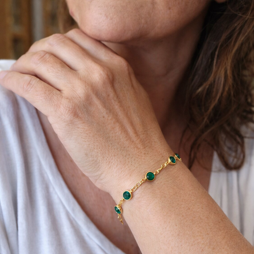 Pulsera Cadena Eslabones Esmeralda Oro