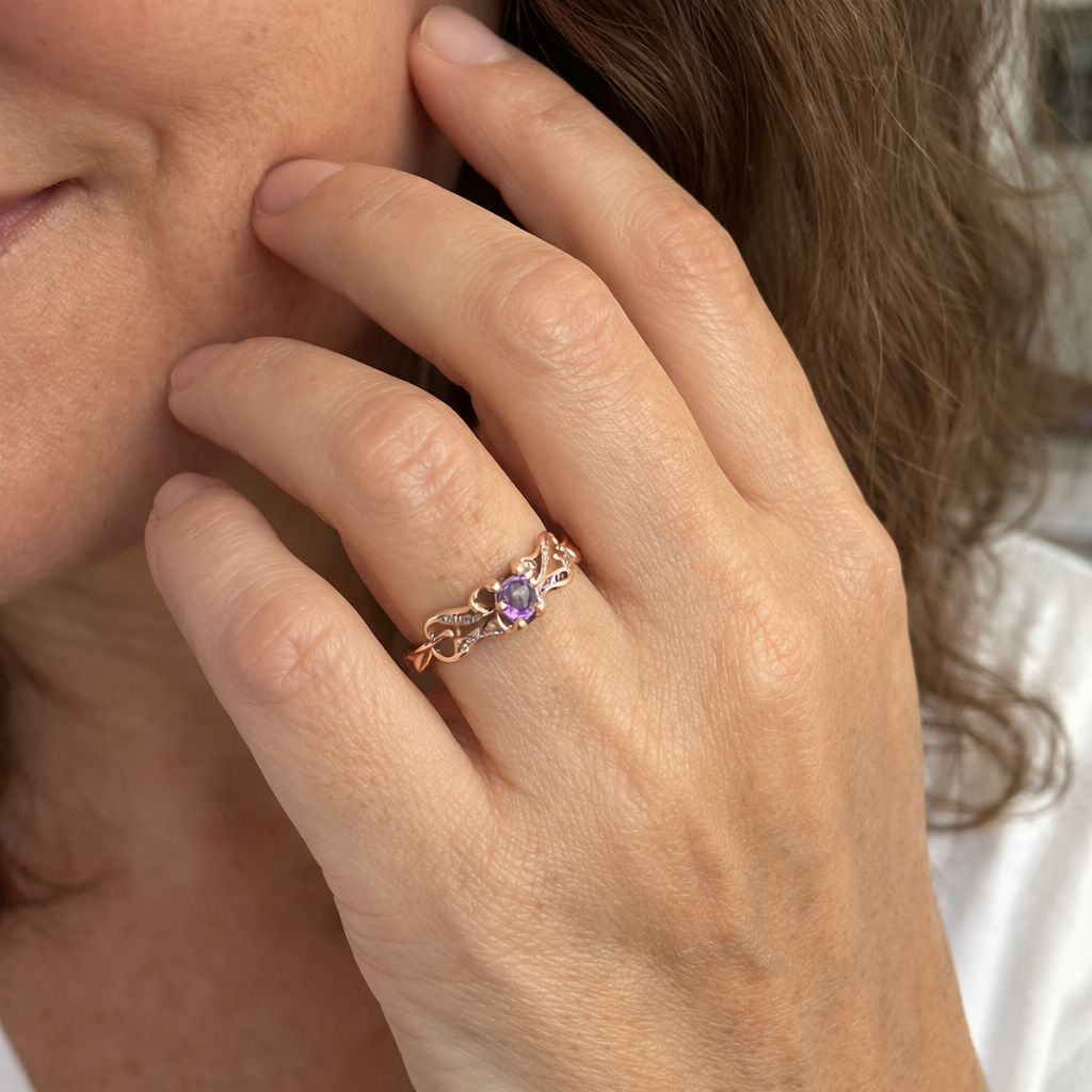 Anillo Corazón Violeta Oro y Plata