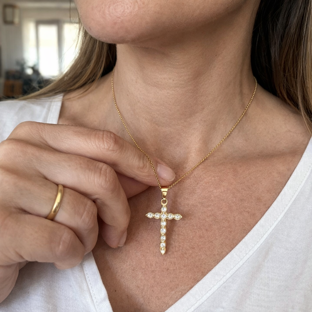 Collar Cruz con Cristal Trenzado Oro