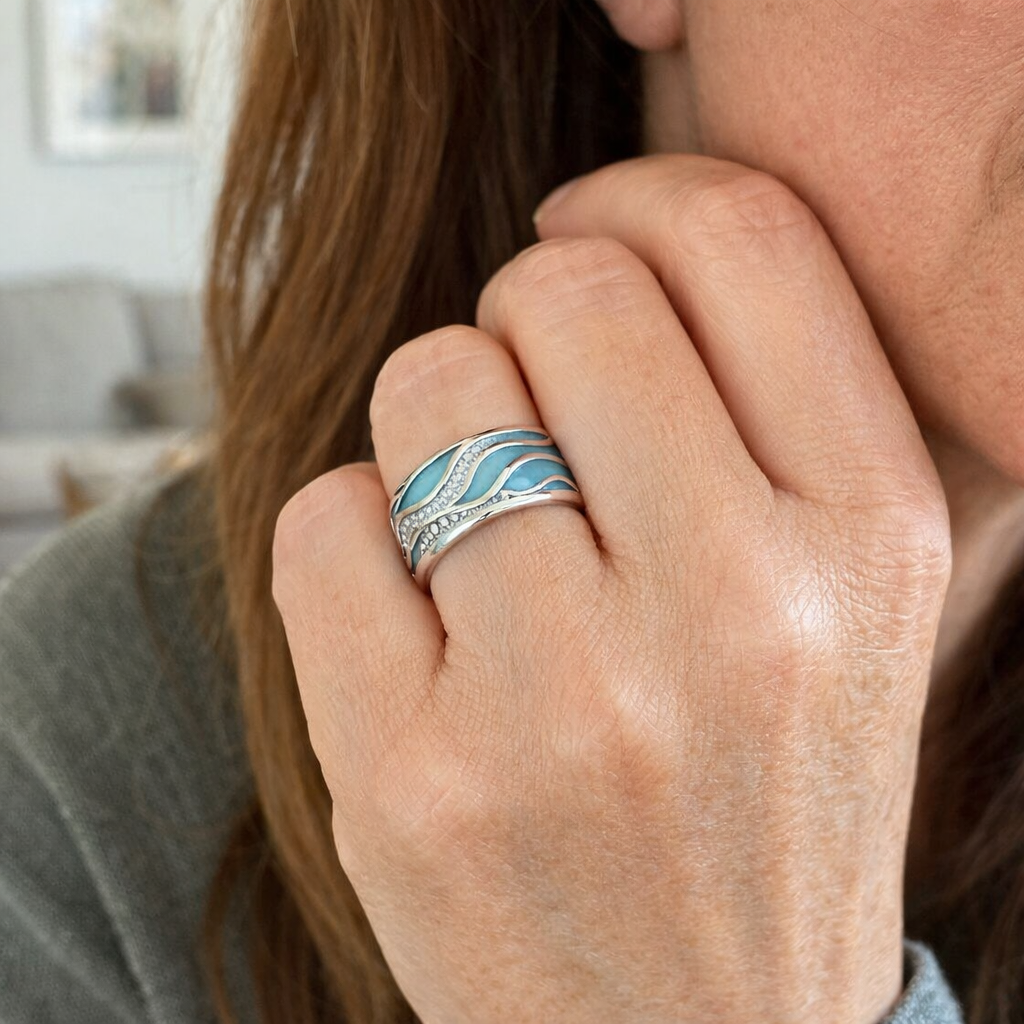 Anillo Plata Olas Azul Mar