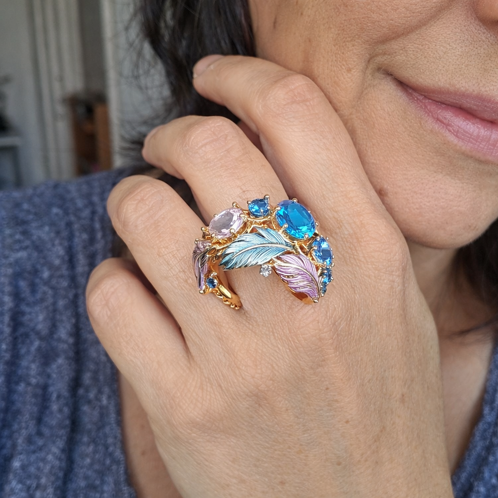 Anillo Cristal Pluma Exótico Antiguo
