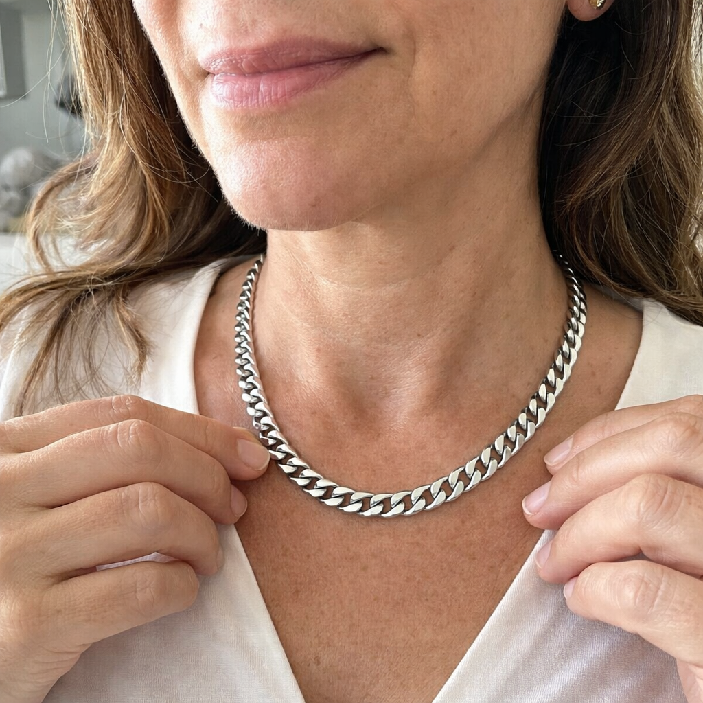Collar Eslabón Cubano Grueso Oro Blanco