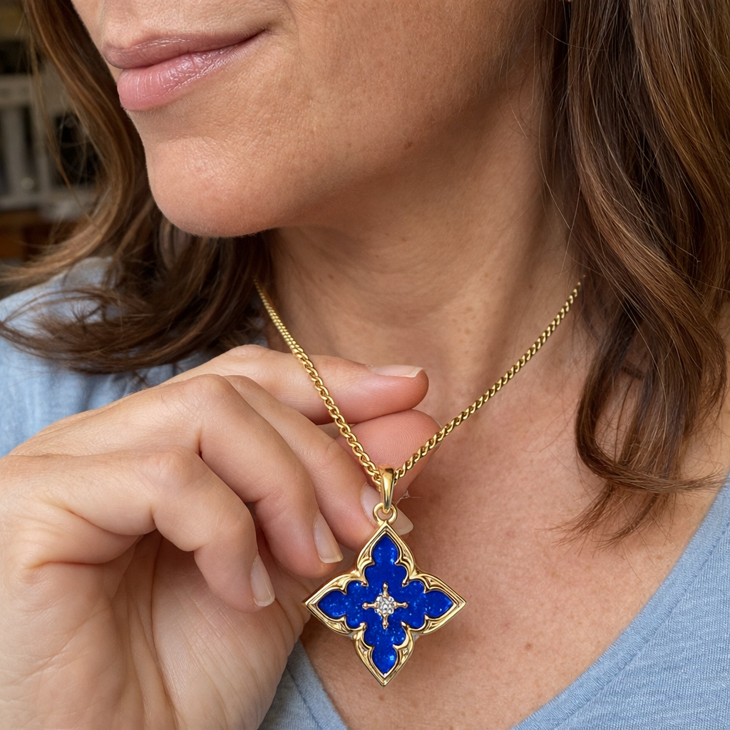 Collar Colgante Trébol Azul Oro