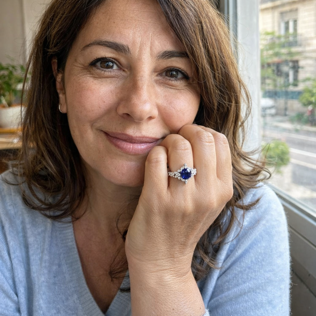 Anillo Flor Zafiro y Cristal