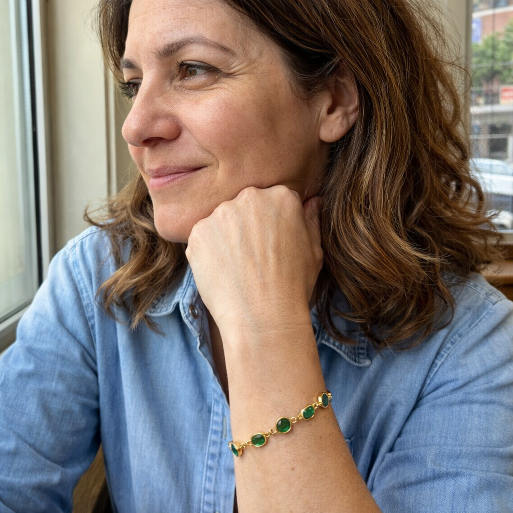 Pulsera Cadena Eslabones Esmeralda Oro