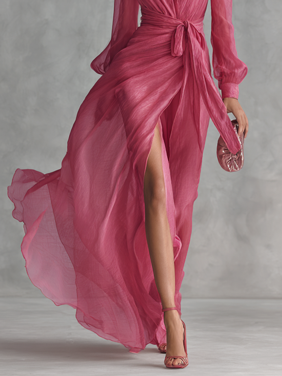 Noemi | Vestido Largo de Gasa con Pedrería y Escote en V
