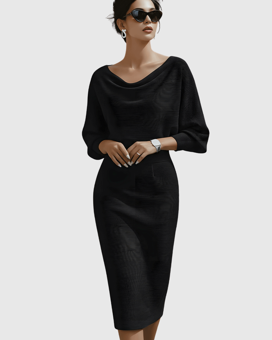 Matilde | Vestido Midi Drapeado con Mangas Murciélago