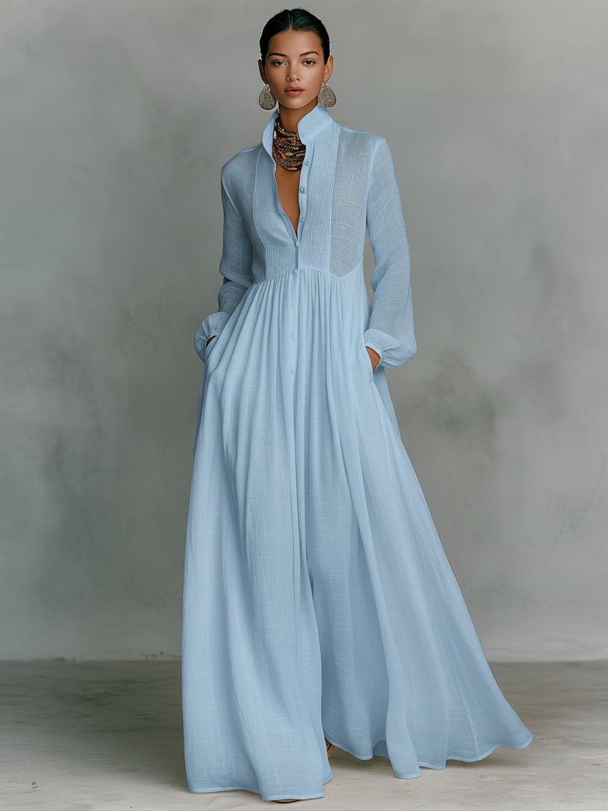 Marta | Vestido Largo de Lino con Detalles Patchwork y Cuello Alto