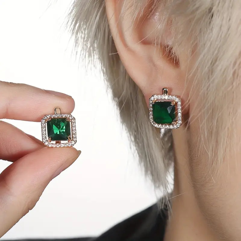Pendientes Circonita Cuadrada Verde Oro